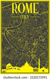 Black and yellow vintage hand-drawn printout streets network map of the downtown ROME, ITALY with brown highlighted city skyline and lettering