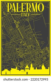 Black and yellow vintage hand-drawn printout streets network map of the downtown PALERMO, ITALY with brown highlighted city skyline and lettering