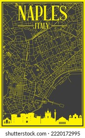 Black and yellow vintage hand-drawn printout streets network map of the downtown NAPLES, ITALY with brown highlighted city skyline and lettering