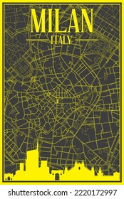 Black and yellow vintage hand-drawn printout streets network map of the downtown MILAN, ITALY with brown highlighted city skyline and lettering