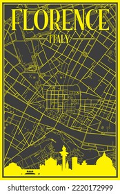 Black and yellow vintage hand-drawn printout streets network map of the downtown FLORENCE, ITALY with brown highlighted city skyline and lettering