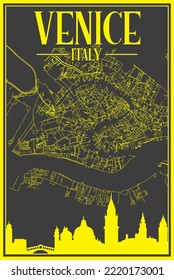 Black and yellow vintage hand-drawn printout streets network map of the downtown VENICE, ITALY with brown highlighted city skyline and lettering