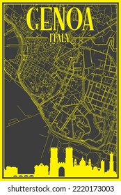 Black and yellow vintage hand-drawn printout streets network map of the downtown GENOA, ITALY with brown highlighted city skyline and lettering