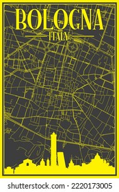 Black and yellow vintage hand-drawn printout streets network map of the downtown BOLOGNA, ITALY with brown highlighted city skyline and lettering