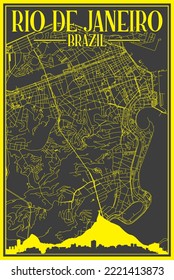 Black and yellow vintage hand-drawn printout streets network map of the downtown RIO DE JANEIRO, BRAZIL with highlighted city skyline and lettering