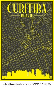 Black and yellow vintage hand-drawn printout streets network map of the downtown CURITIBA, BRAZIL with highlighted city skyline and lettering