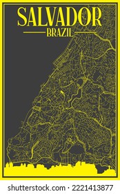 Black and yellow vintage hand-drawn printout streets network map of the downtown SALVADOR, BRAZIL with highlighted city skyline and lettering