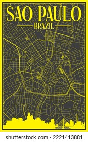 Black and yellow vintage hand-drawn printout streets network map of the downtown SAO PAULO, BRAZIL with highlighted city skyline and lettering