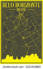 Black and yellow vintage hand-drawn printout streets network map of the downtown BELO HORIZONTE, BRAZIL with highlighted city skyline and lettering