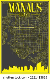 Black and yellow vintage hand-drawn printout streets network map of the downtown MANAUS, BRAZIL with highlighted city skyline and lettering