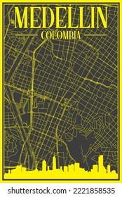 Black and yellow vintage hand-drawn printout streets network map of the downtown MEDELLIN, COLOMBIA with highlighted city skyline and lettering