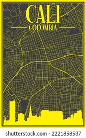 Black and yellow vintage hand-drawn printout streets network map of the downtown CALI, COLOMBIA with highlighted city skyline and lettering