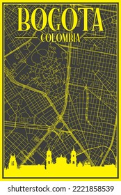 Black and yellow vintage hand-drawn printout streets network map of the downtown BOGOTA, COLOMBIA with highlighted city skyline and lettering