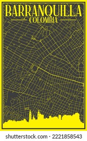 Black and yellow vintage hand-drawn printout streets network map of the downtown BARRANQUILLA, COLOMBIA with highlighted city skyline and lettering