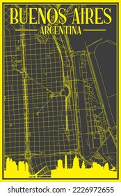 Black and yellow vintage hand-drawn printout streets network map of the downtown BUENOS AIRES, ARGENTINAwith highlighted city skyline and lettering