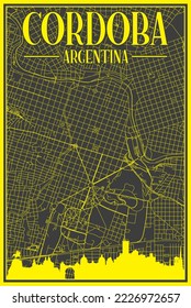 Black and yellow vintage hand-drawn printout streets network map of the downtown CORDOBA, ARGENTINAwith highlighted city skyline and lettering