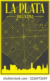 Black and yellow vintage hand-drawn printout streets network map of the downtown LA PLATA, ARGENTINAwith highlighted city skyline and lettering