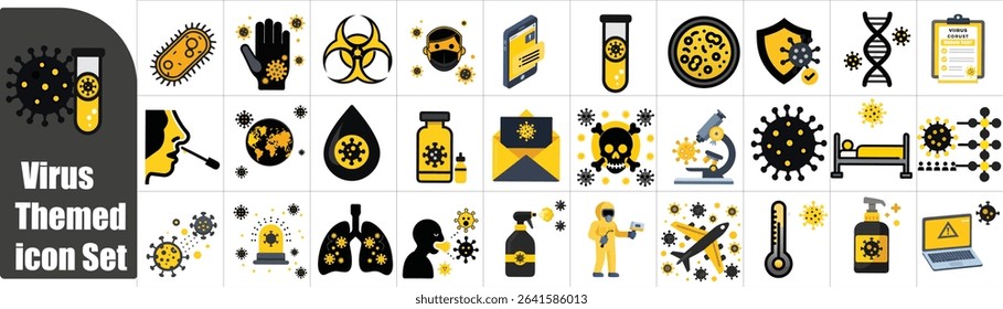 Black and Yellow Virus-Themed Set  Flat Minimalist Designs for Medical, Safety, and Digital Threat Awareness