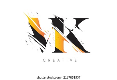 Black and Yellow VK Letter Logo with Vintage Grundge Cut Design. Destroyed Drawing Elegant Letter Icon Vector. 