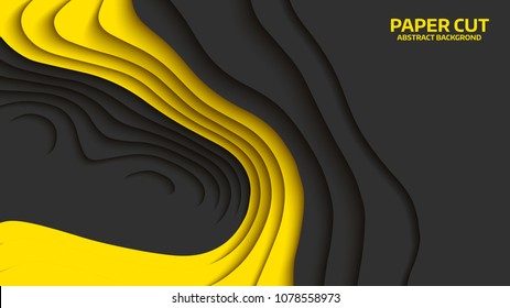 Black And Yellow Wave. Abstract Paper Cut. Abstract Colorful Waves. Wavy Banners. Color Geometric Form. Wave Paper Cut. Map Line Of Topography. Map Mockup Infographics. Vector Illustration