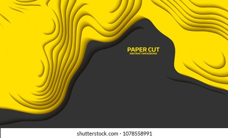 Black and yellow wave. Abstract paper cut. Abstract colorful waves. Wavy banners. Color geometric form. Wave paper cut. Map line of topography. Map mockup infographics. Vector illustration