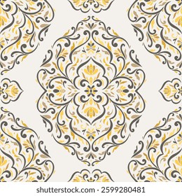 Black, yellow and white damask vector seamless pattern. Vintage, paisley elements. Traditional, Turkish motifs. Great for fabric and textile, wallpaper, packaging or any desired idea.