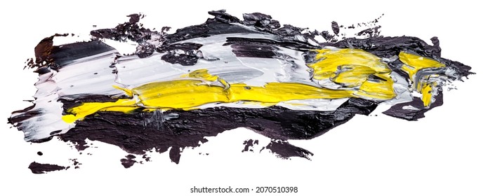 Black yellow and white oil brush stripes stroke. Abstract varnish splash trace shape. Glossy oil paint smear on white background. EPS10 vector illustration.