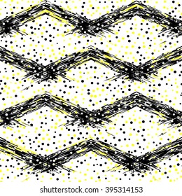 Black, yellow and white seamless pattern with ink grungy lines and dots. Artistic monochrome abstract  background with confetti . Vector illustration.