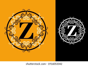 Blanco amarillo negro de la letra inicial Z en el marco clásico de círculo