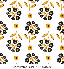 Black Yellow Wildflowers. Vector Floral Seamless Pattern. Beautiful Flowers and Leaves Background. Ditsy Floral Print. Summer and Spring Nature Wallpaper
