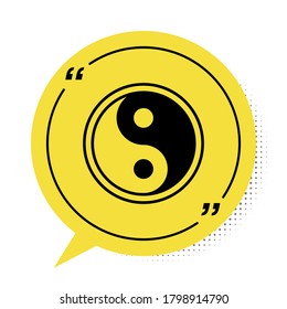 Black Yin Yang symbol of harmony and balance icon isolated on white background. Yellow speech bubble symbol. Vector Illustration