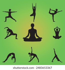 Black yoga silhouettes. Yoga poses. Vector on green background