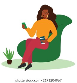The black young african american businesswoman is sitting on the couch with a mobile phone at the break time. Young dark skin girl drinking coffee and using a smartphone. Flat cartoon vector