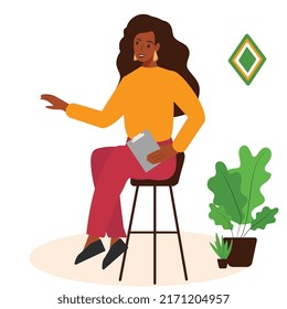 Black Young African American Woman Checking To Do List. Happy African Female Sits On The Couch. Communicates By An Chat With Friends. Vector Illustration.