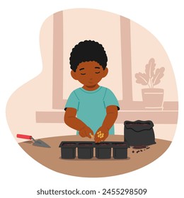 Black Young Boy Gardener Planting Seeds In Pots On A Table, Kid Character Carefully Plants Seeds In Small Pots, His Face Lit Up With Concentration And Determination. Cartoon People Vector Illustration