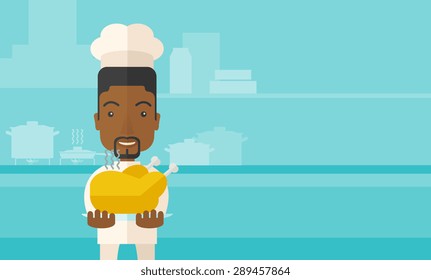 A black young chef presenting a tasty cooked turkey for thanksgiving celebration. A contemporary style with pastel palette blue tinted background. Vector flat design illustration. Horizontal layout