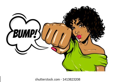 Black young curly hair woman pop art style Wow face show bump kick. Isolated white background. Comic text pop art speech bubble.