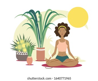 
Black young curly woman, practicing in the lotus pose near potted plants. Healthy lifestyle and yoga concept. Flat cartoon vector illustration for meditation, Yoga Day. Isolated on white background.