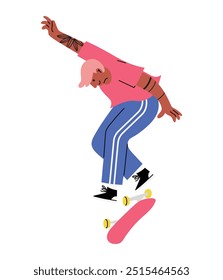 Black young male making a flip on a skateboard. Cool teen performing a trick. Hand drawn vector illustration isolated on white background