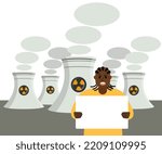 Black young man angry protests with a blank poster on the background of nuclear power plants. Nuclear plant for energy production. Clean green energy without emissions of gases into the atmosphere