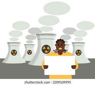 Joven negro enfureció las protestas con un afiche en blanco sobre el fondo de las plantas de energía nuclear. Planta nuclear para la producción de energía. Energía verde limpia sin emisiones de gases en la atmósfera