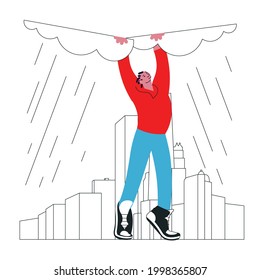 A black young man disperses the clouds with his hands. Metaphor of overcome adversity that people experience publicly and privately. Flat Art Vector Illustration