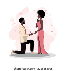 Black young man holds a diamond ring in his hand and proposes marriage to a young woman. Beautiful young and loving couple. Happy Valentine's Day. Vector illustration.