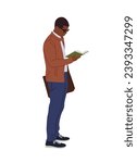 Black young man standing, reading book vector.