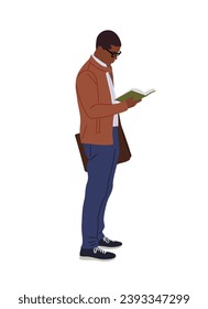 Black young man standing, reading book vector.