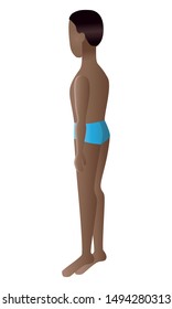 Black young man in underwear in a half-turn back. Full length character