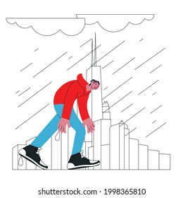 A black young man walks through the city through a storm. Symbol of adversity that people experience publicly and privately. Flat Art Vector Illustration