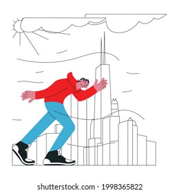 Un joven negro camina por la ciudad a través de una tormenta. Símbolo de adversidad que la gente experimenta pública y privadamente. Ilustración de vectores de arte plano