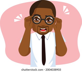 Black young man wearing white shirt and dark tie holding glasses trying to see better having vision problems