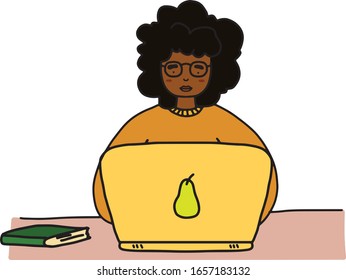 Black young woman with afro hair studying on a laptop hand drawn illustration vector